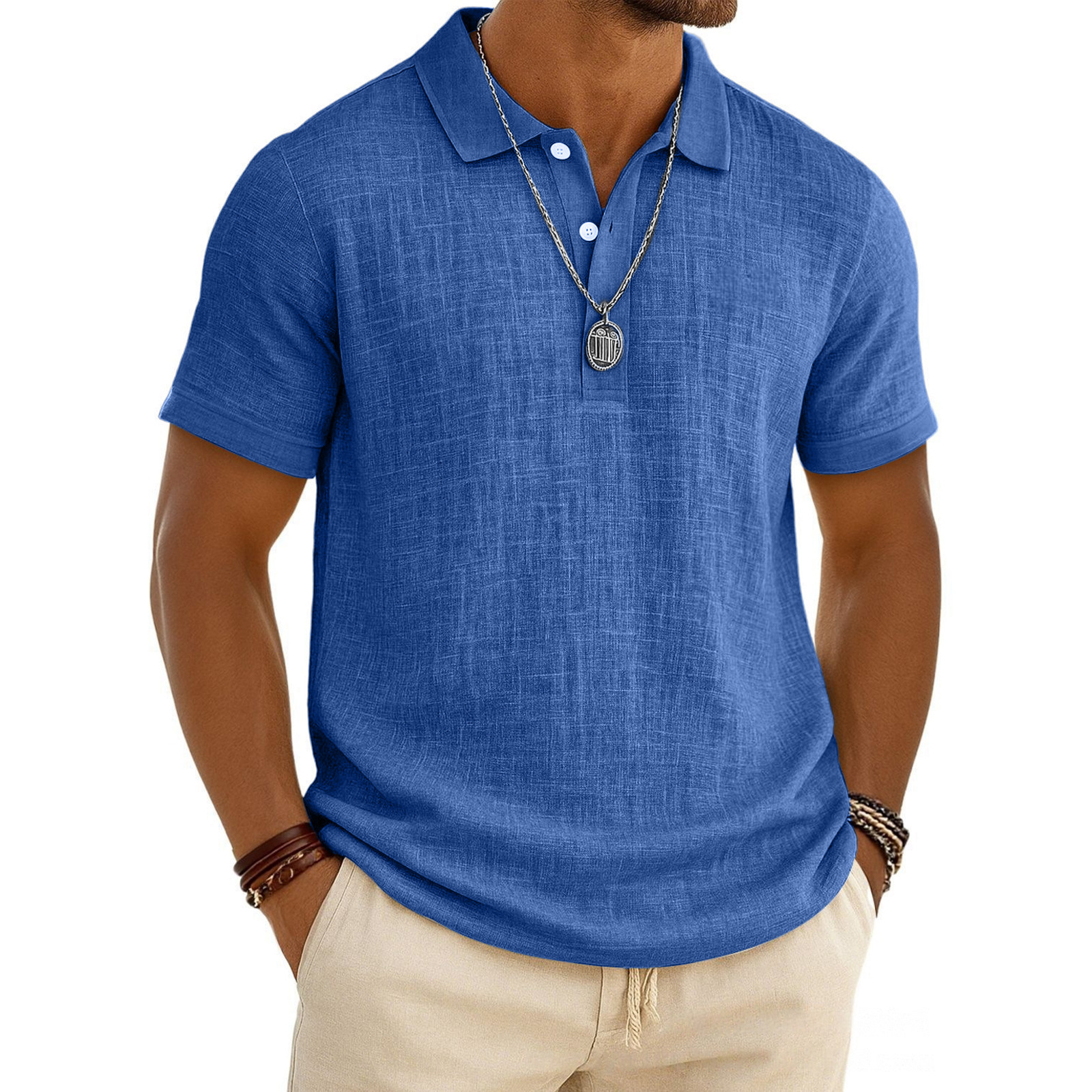 Men's Linen Shirt Polo Shirts Casual Vacation Classic Short Sleeve Fashion Solid Color Buttons