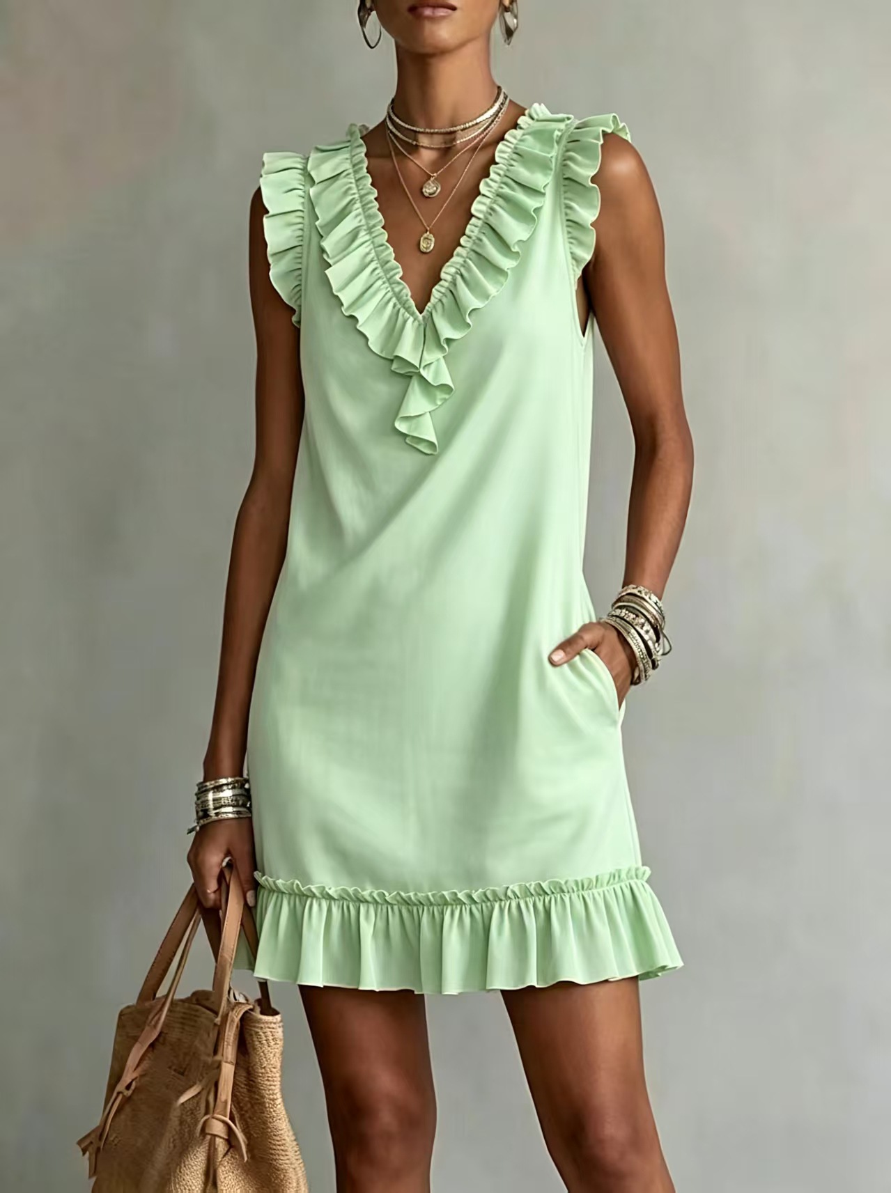 Save up to 70%🛒Women's Ruffle V Neck Sleeveless Mini Dress with Pockets
