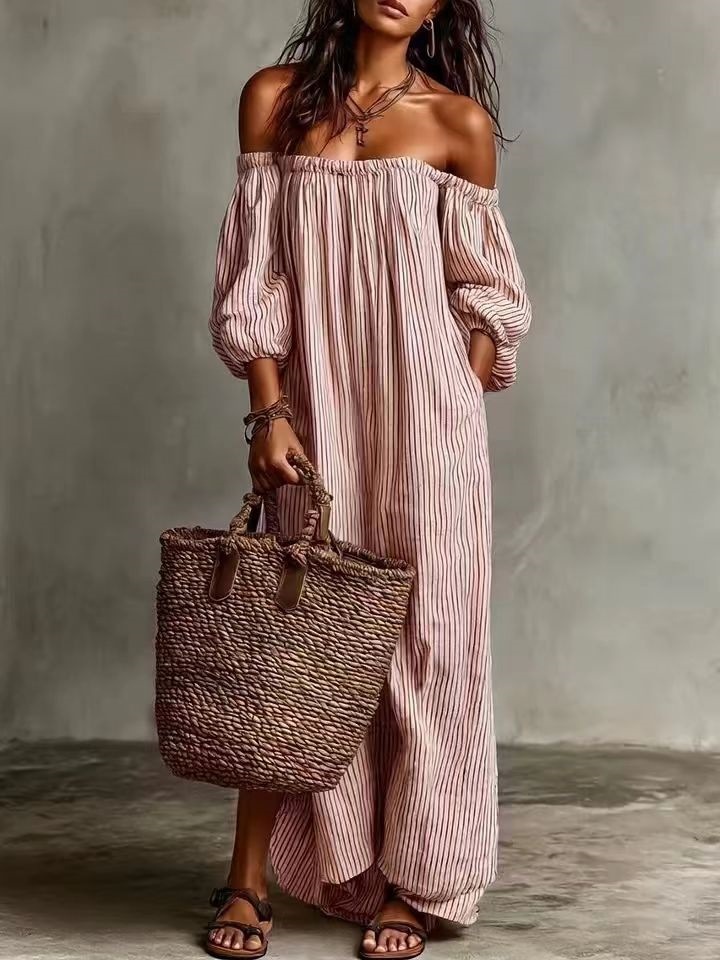 New Arrivals✨Women's Off Shoulder Striped Maxi Dress with Pockets, Loose Woven Casual Spring Vacation Dress