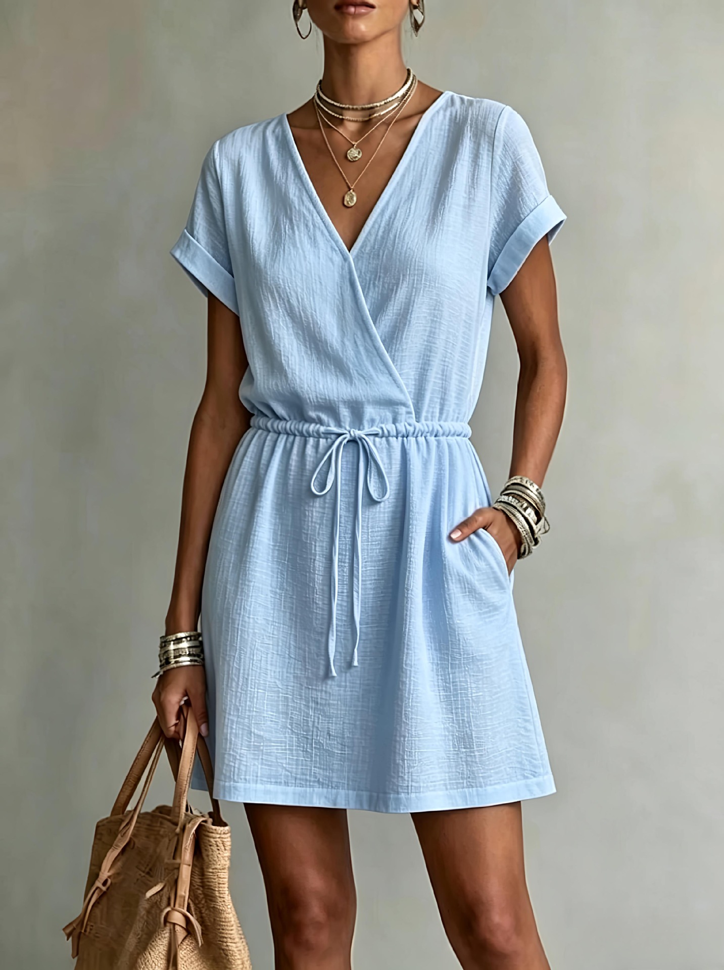 Women's V Neck Drawstring Waist Mini Dress, Casual Short Sleeve Pockets Textured Summer Dress
