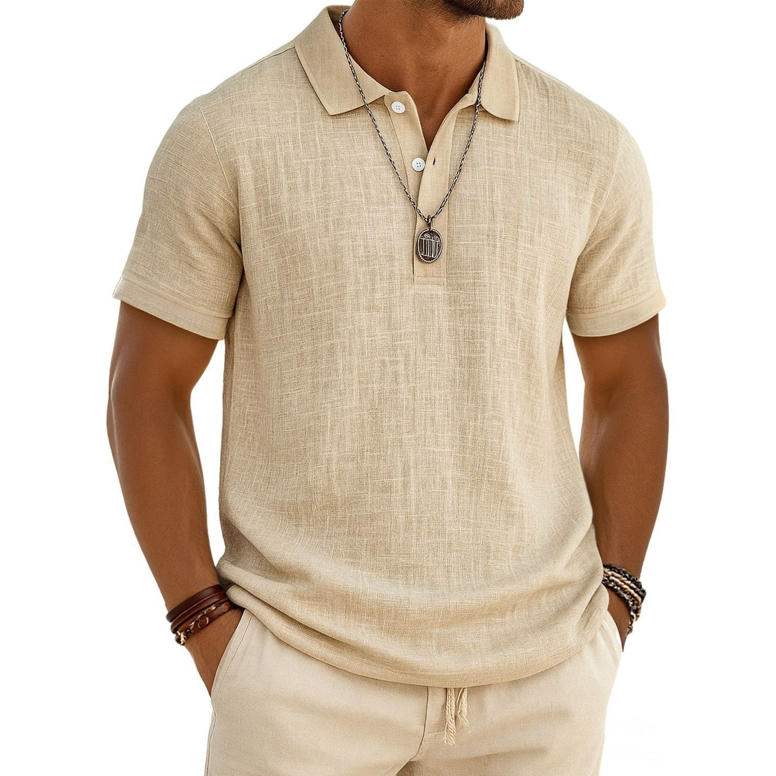 Men's Linen Shirt Polo Shirts Casual Vacation Classic Short Sleeve Fashion Solid Color Buttons
