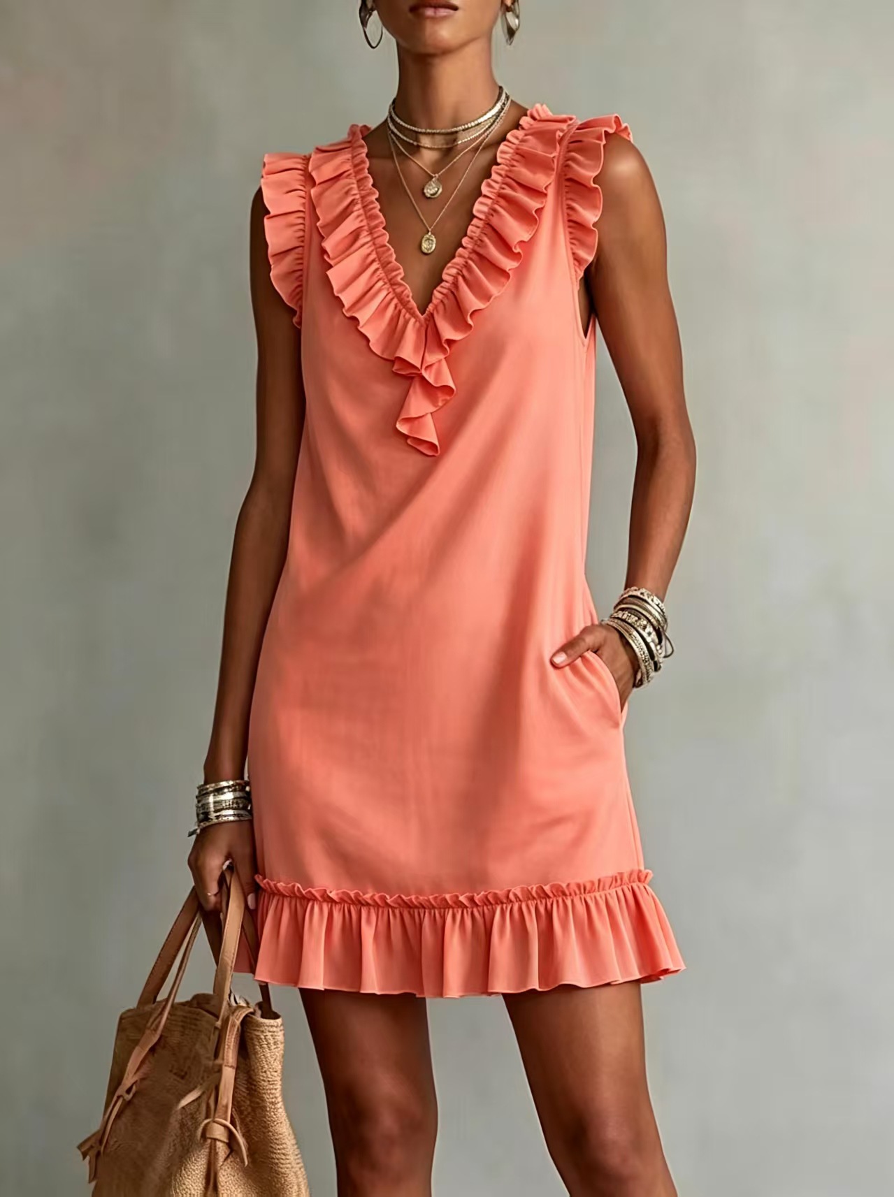 Save up to 70%🛒Women's Ruffle V Neck Sleeveless Mini Dress with Pockets