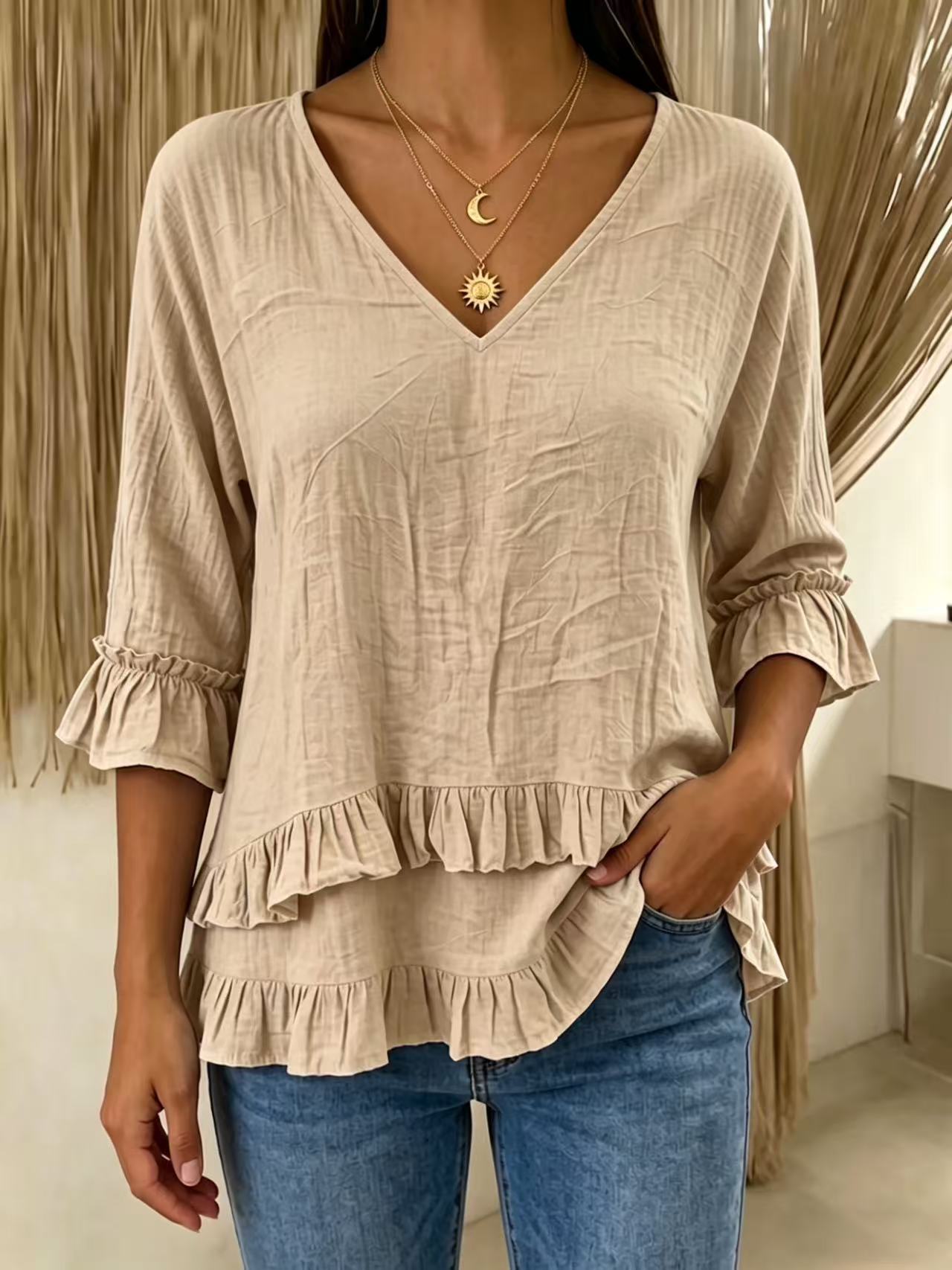 👚Cotton Linen Ruffle V Neck 3/4 Sleeve Women Blouse✨