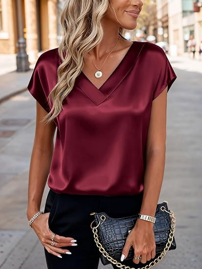 Women's Satin V Neck Short Sleeve Blouse, Elegant Loose Silk Glossy Casual Dressy Top for Office Daily Party
