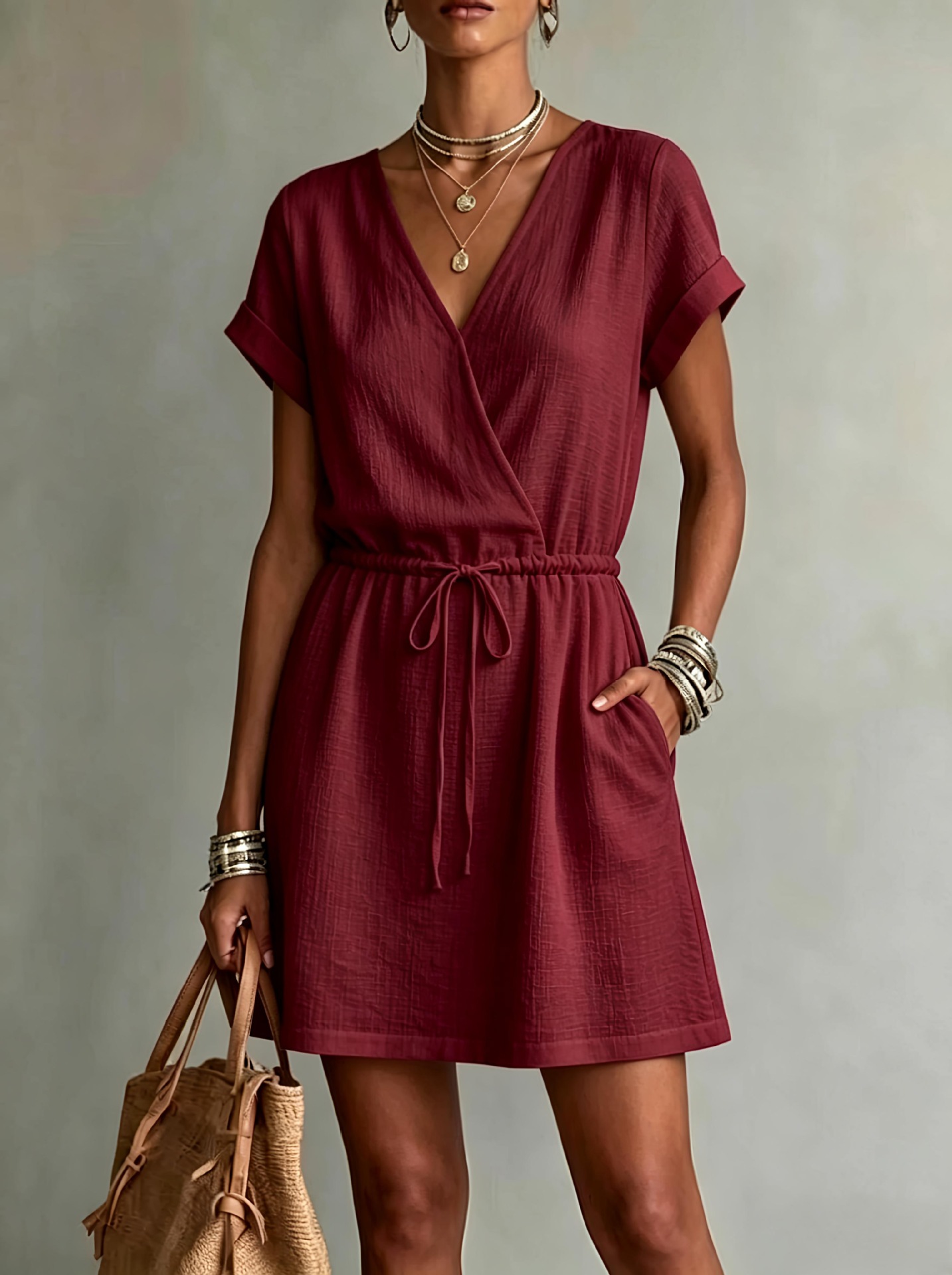 Women's V Neck Drawstring Waist Mini Dress, Casual Short Sleeve Pockets Textured Summer Dress