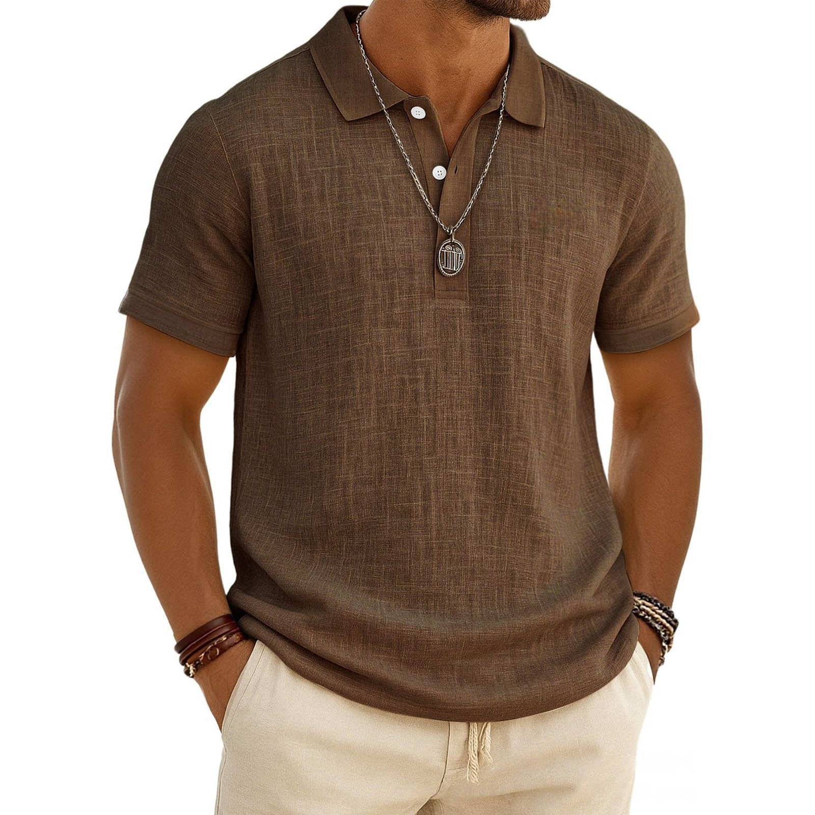 Men's Linen Shirt Polo Shirts Casual Vacation Classic Short Sleeve Fashion Solid Color Buttons