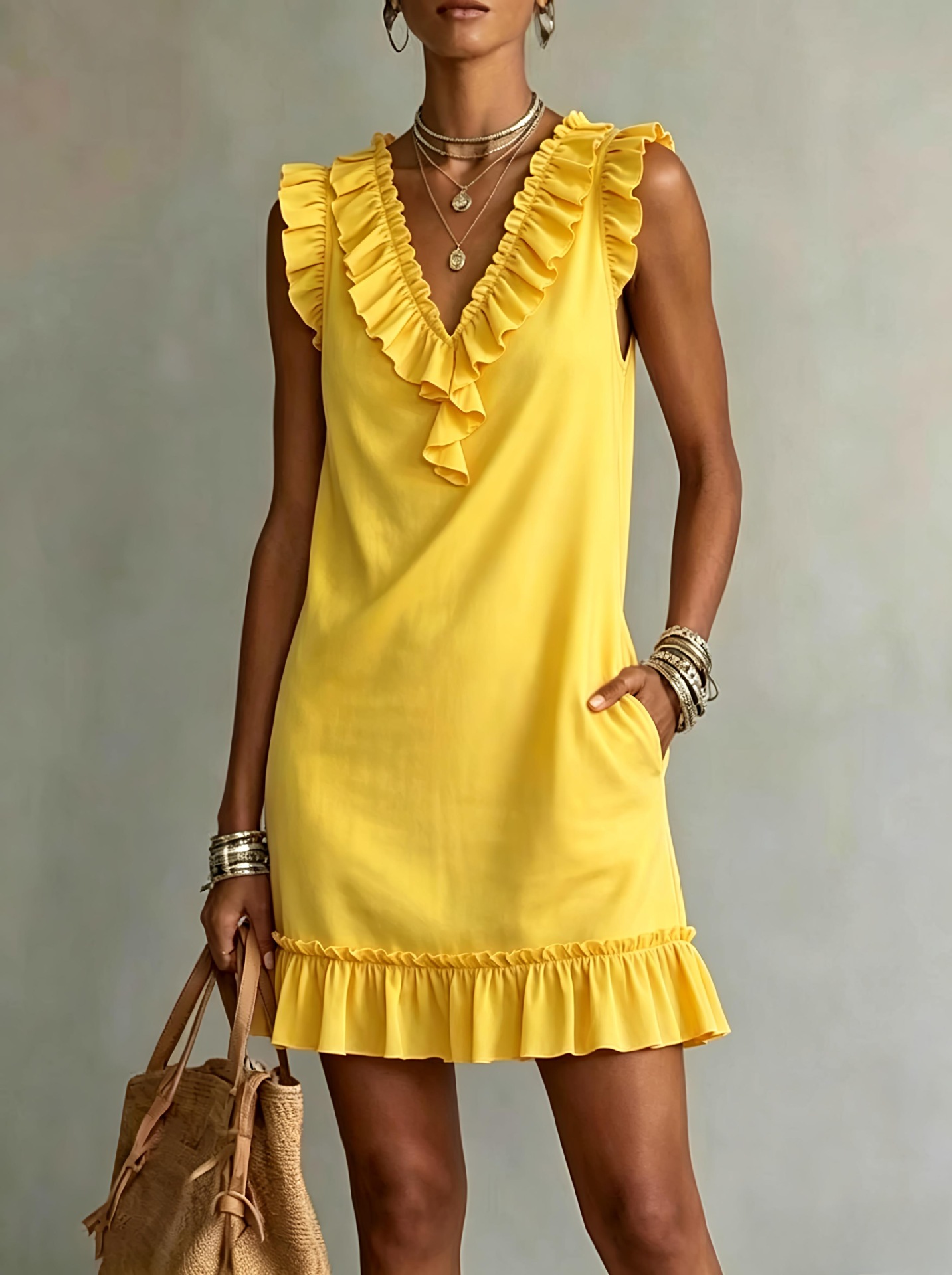 Save up to 70%🛒Women's Ruffle V Neck Sleeveless Mini Dress with Pockets