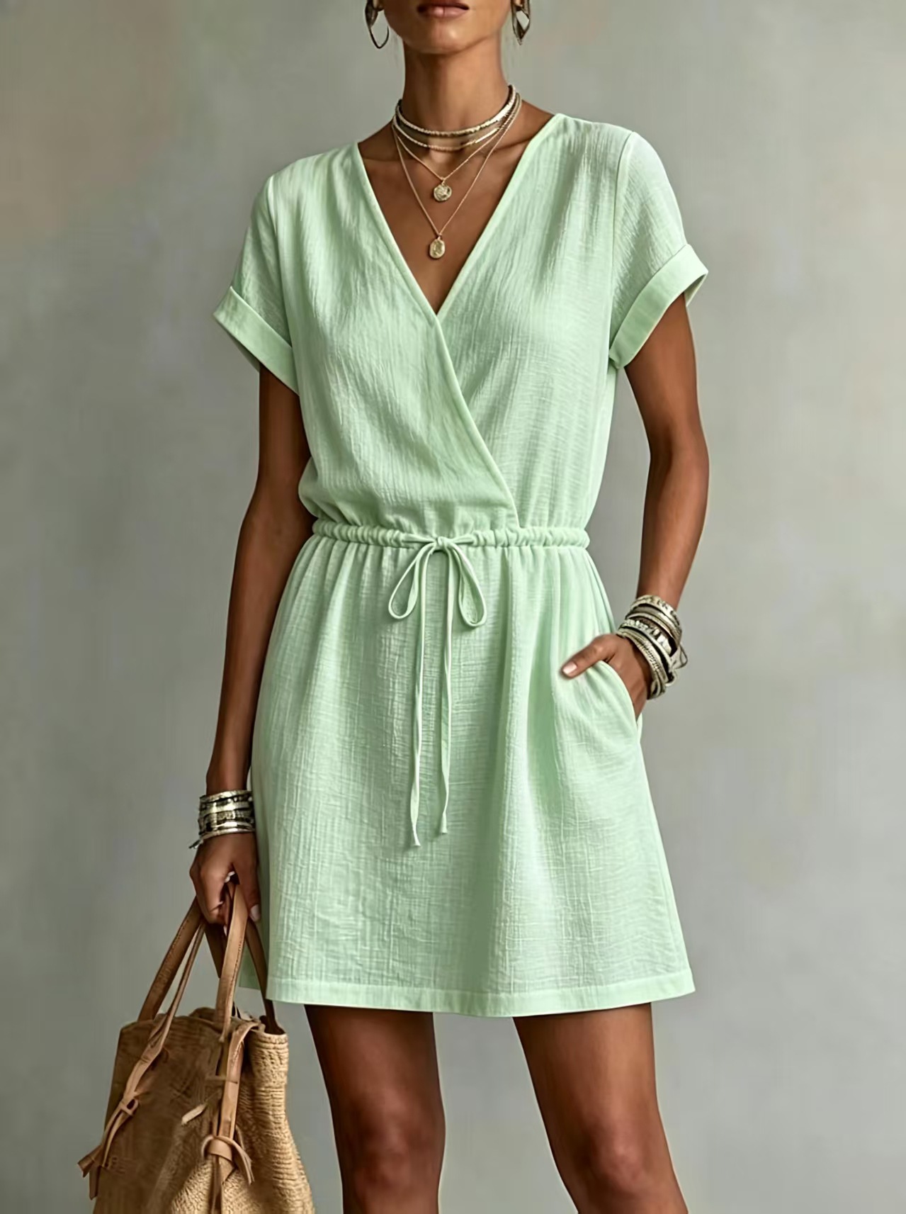 Women's V Neck Drawstring Waist Mini Dress, Casual Short Sleeve Pockets Textured Summer Dress