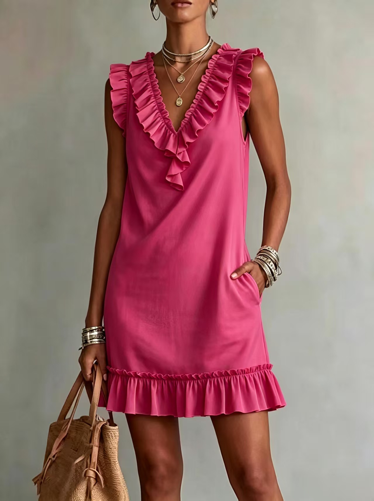 Save up to 70%🛒Women's Ruffle V Neck Sleeveless Mini Dress with Pockets