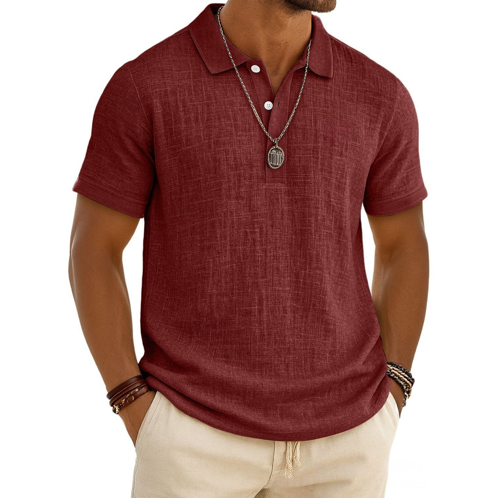 Men's Linen Shirt Polo Shirts Casual Vacation Classic Short Sleeve Fashion Solid Color Buttons