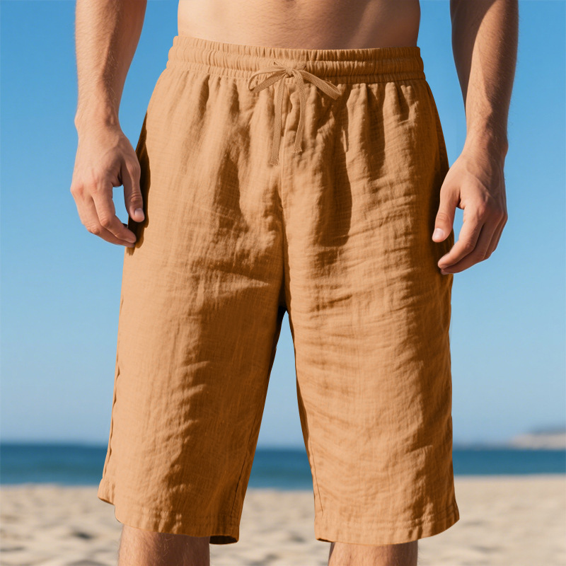 Men's Solid Linen 7/8 Capri Shorts, Elastic Drawstring Waist Straight Leg Breathable Casual Beach Summer Pants