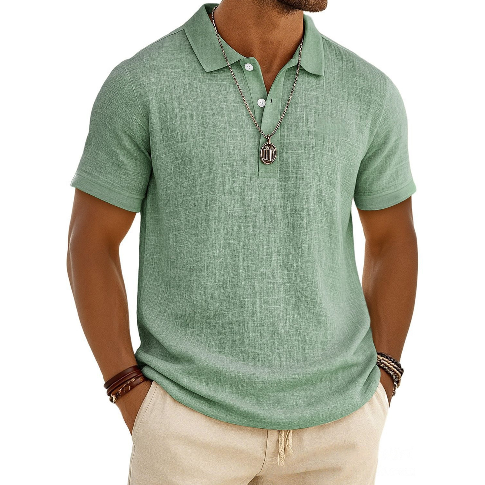 Men's Linen Shirt Polo Shirts Casual Vacation Classic Short Sleeve Fashion Solid Color Buttons