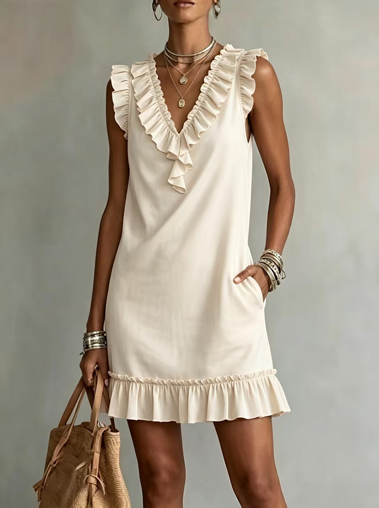 Save up to 70%🛒Women's Ruffle V Neck Sleeveless Mini Dress with Pockets