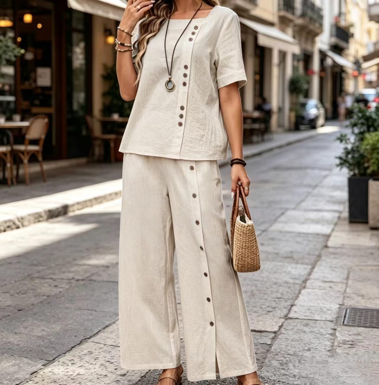 Women's Cotton Linen 2 Piece Outfit, Short Sleeve Button Top & Wide Leg Split Pants Casual Vacation Set