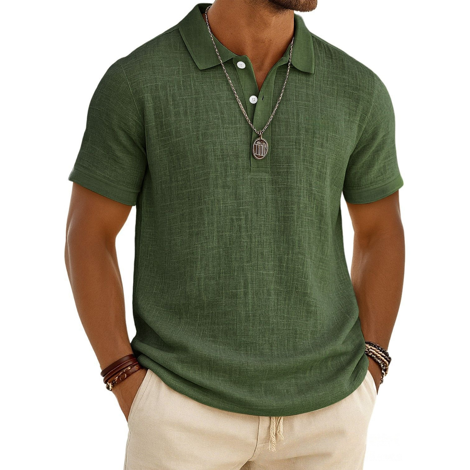 Men's Linen Shirt Polo Shirts Casual Vacation Classic Short Sleeve Fashion Solid Color Buttons