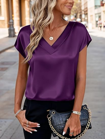Women's Satin V Neck Short Sleeve Blouse, Elegant Loose Silk Glossy Casual Dressy Top for Office Daily Party