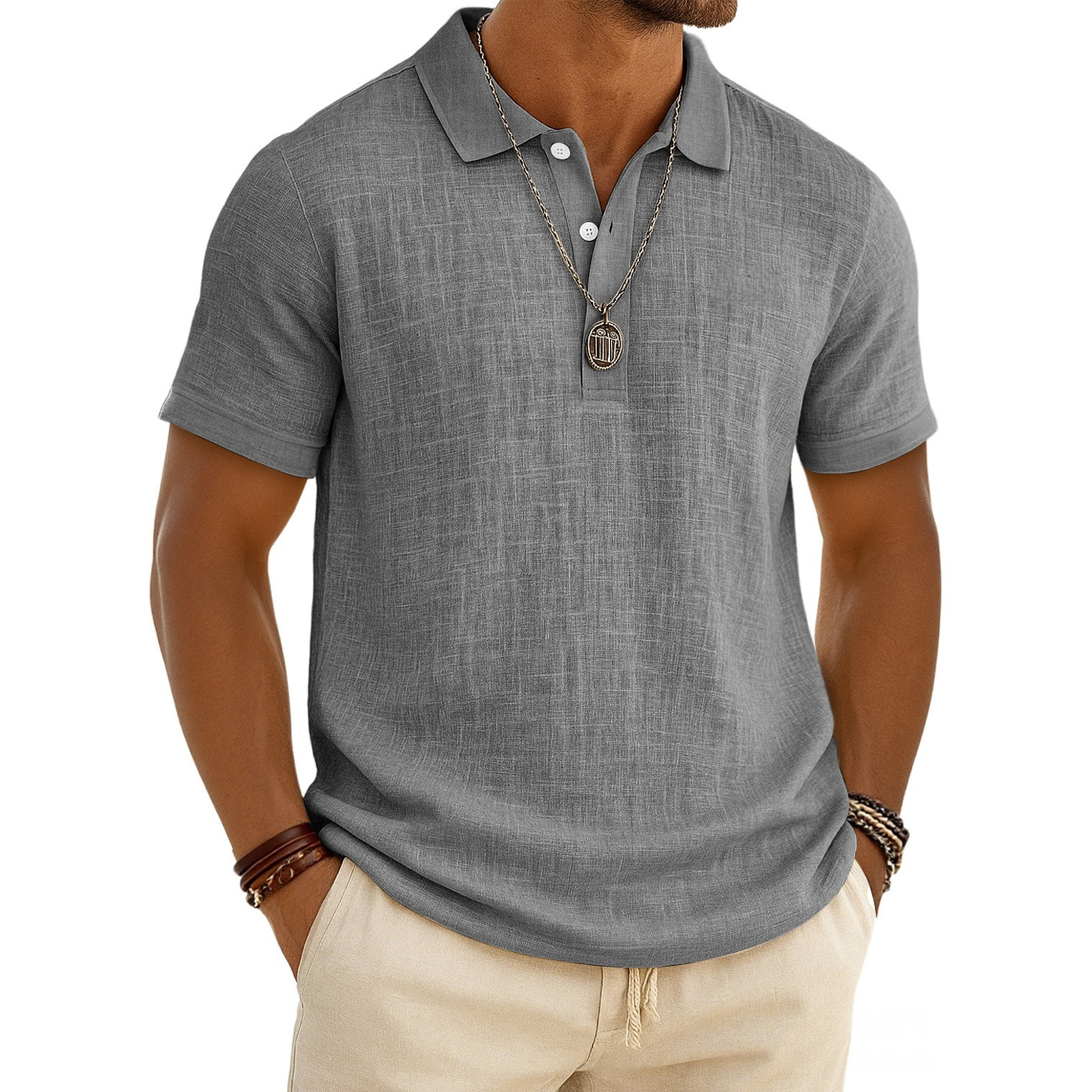 Men's Linen Shirt Polo Shirts Casual Vacation Classic Short Sleeve Fashion Solid Color Buttons
