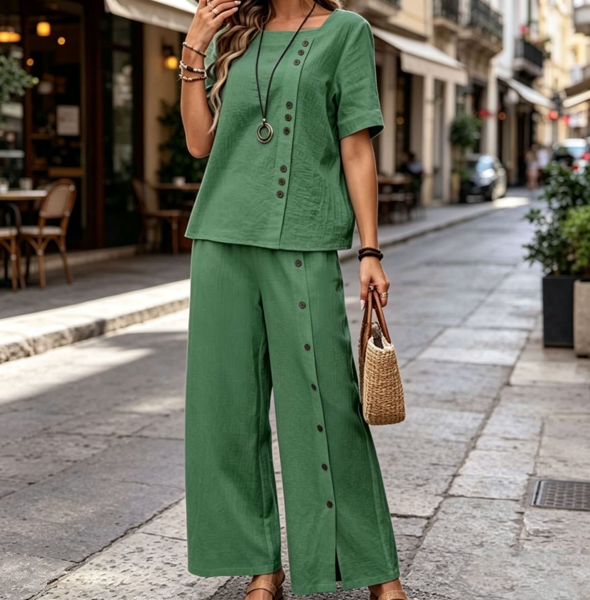 Women's Cotton Linen 2 Piece Outfit, Short Sleeve Button Top & Wide Leg Split Pants Casual Vacation Set
