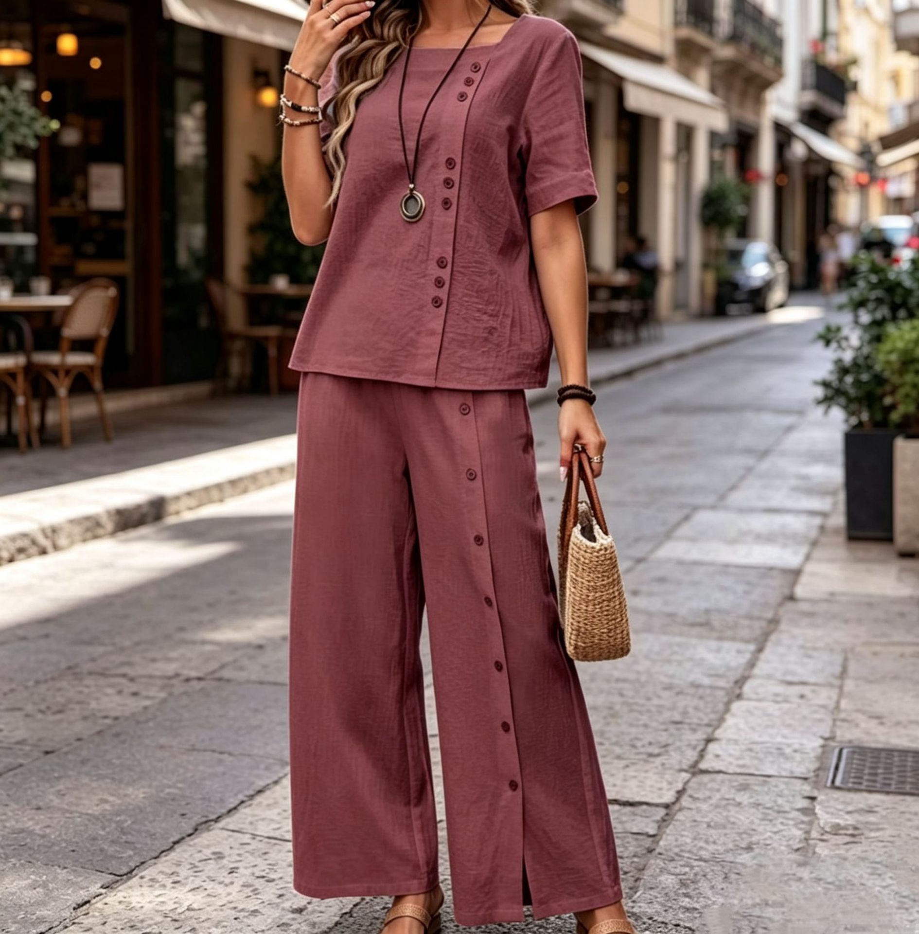 Women's Cotton Linen 2 Piece Outfit, Short Sleeve Button Top & Wide Leg Split Pants Casual Vacation Set