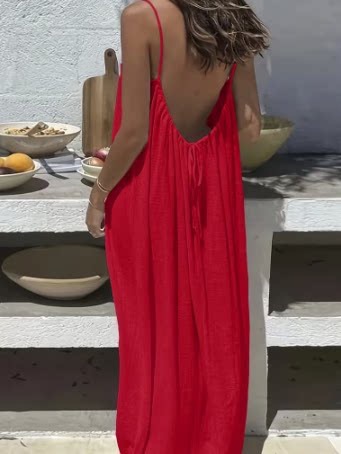 Women's Halter Neck Backless Loose Maxi Dress, Summer Beach Casual Texture Dress