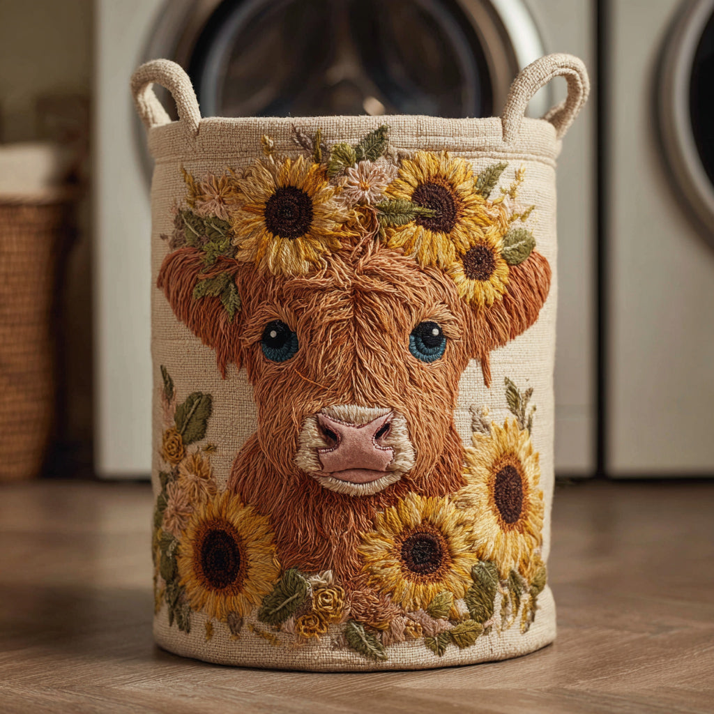 Sunflower Highland Cow Quilted Laundry Basket NCU0HNH499