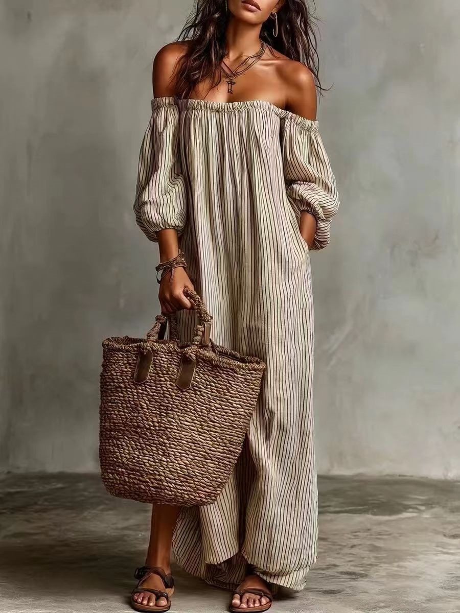 New Arrivals✨Women's Off Shoulder Striped Maxi Dress with Pockets, Loose Woven Casual Spring Vacation Dress