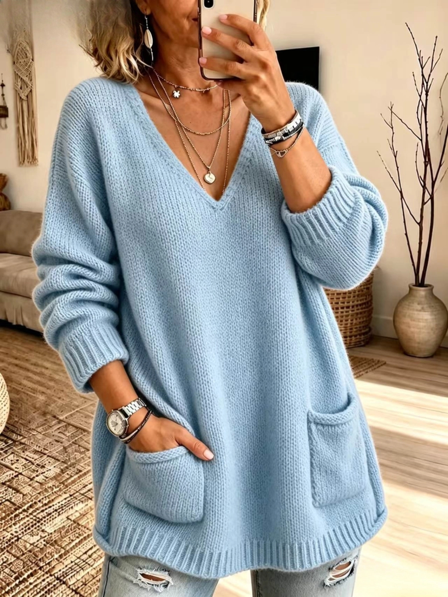 Chic V-Neck Pocket Knit Sweater
