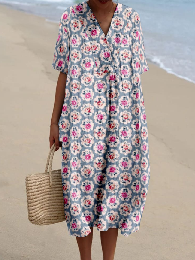 Boho Cotton-Blend Small Floral V Neck Dress