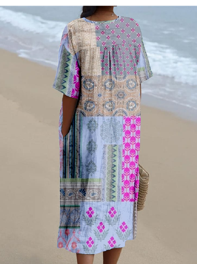 Cotton-Blend Multicolor Block Casual Dress