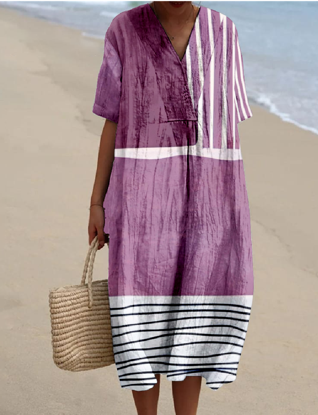 Cotton-Blend Boho Ethnic Geometry Loose Dress