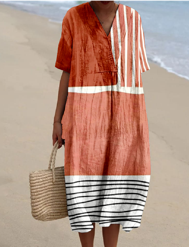 Cotton-Blend Boho Ethnic Geometry Loose Dress