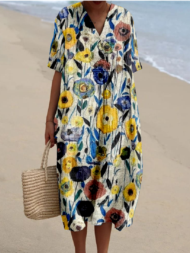 V Neck Loose Vintage Psychedelic Art Dress