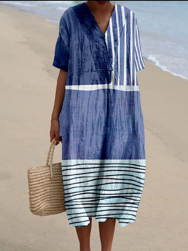 Cotton-Blend Boho Ethnic Geometry Loose Dress