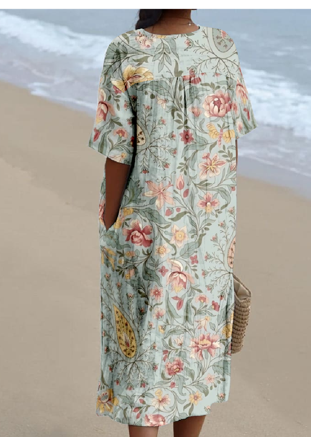 Cotton-Blend V Neck Vintage Loose Dress