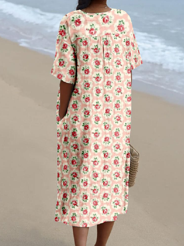 Boho Cotton-Blend Small Floral V Neck Dress