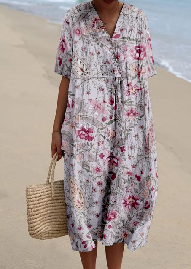 Cotton-Blend V Neck Vintage Loose Dress