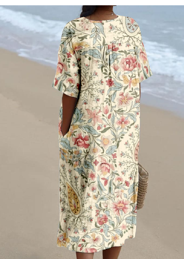 Cotton-Blend V Neck Vintage Loose Dress