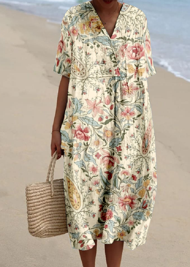 Cotton-Blend V Neck Vintage Loose Dress