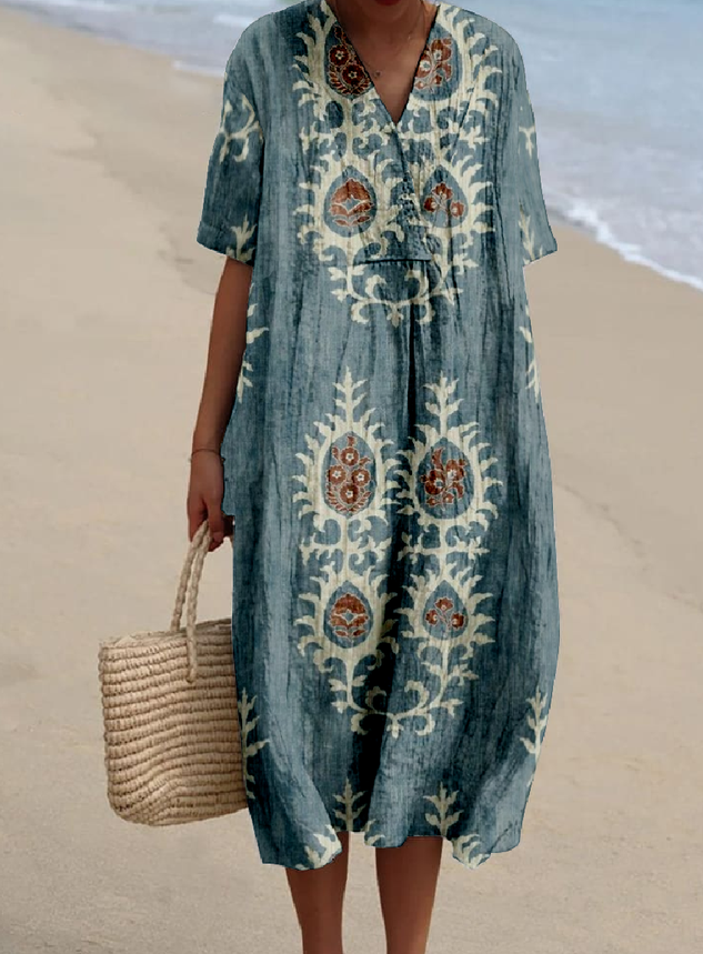 Vintage Cotton-Blend Ethnic Geometry Dress