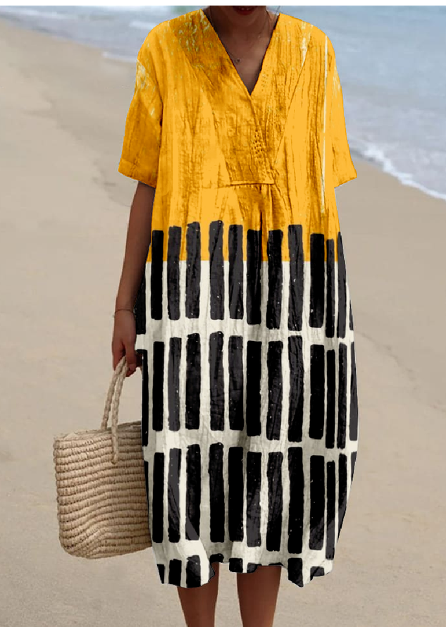 Boho Multicolor Block Loose V Neck Dress