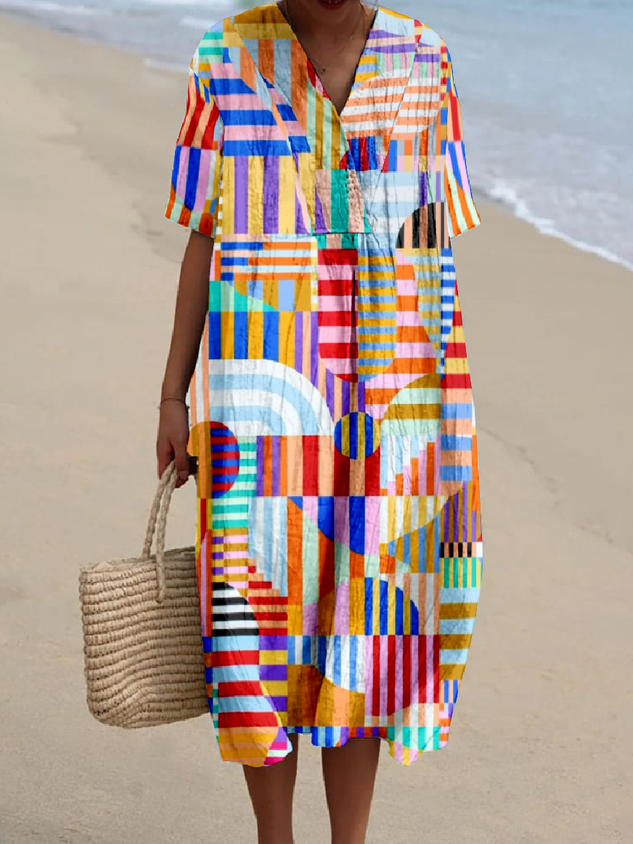 Vintage V Neck Multicolor Block Cotton-Blend Dress