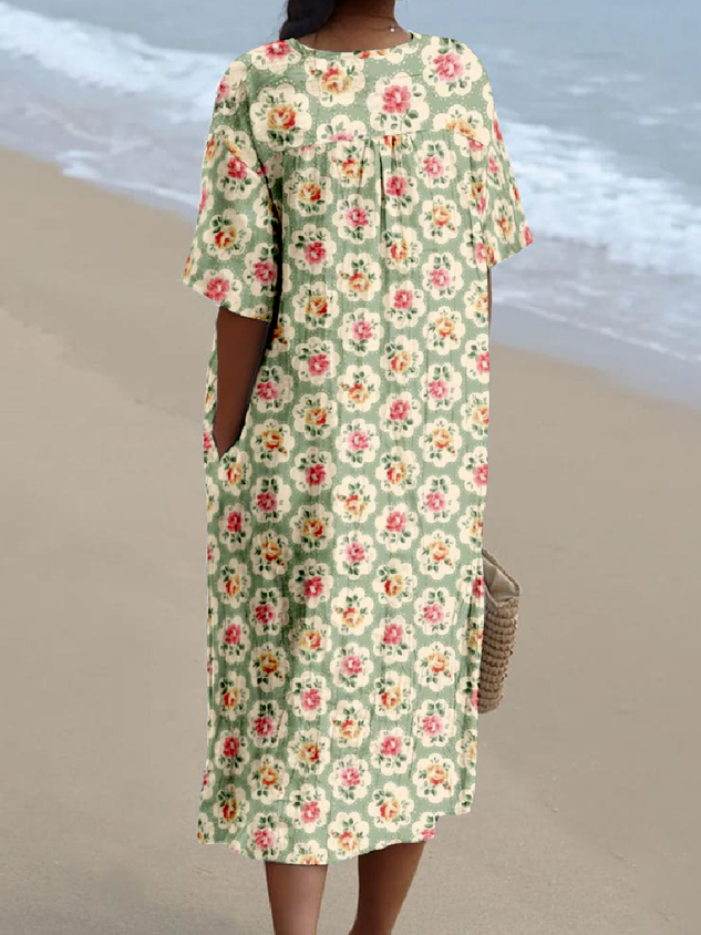 Boho Cotton-Blend Small Floral V Neck Dress