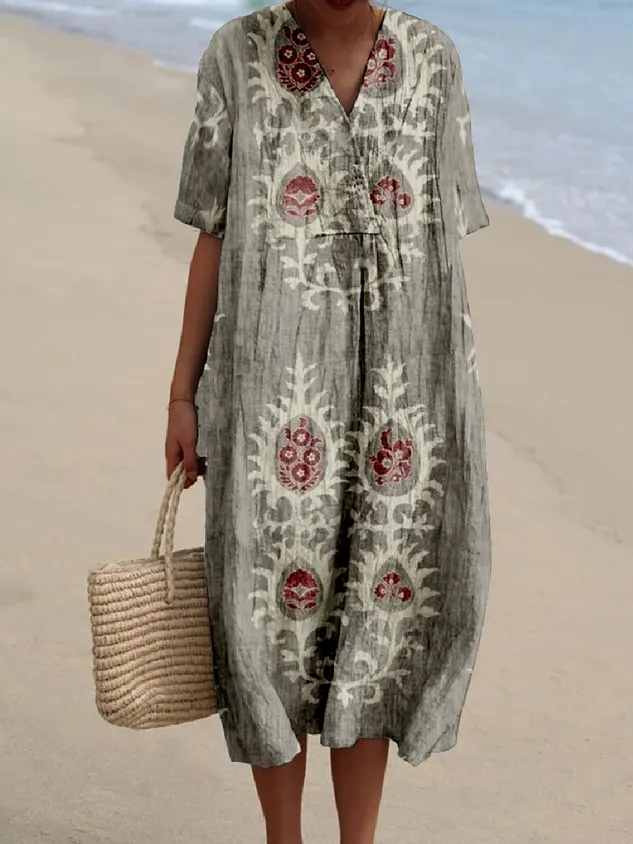 Vintage Cotton-Blend Ethnic Geometry Dress