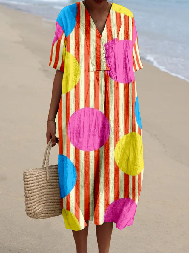 Loose Cotton-Blend Multicolor Block Vintage Dress