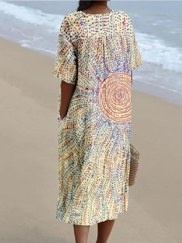 V Neck Leaf Cotton-Blend Vintage Dress