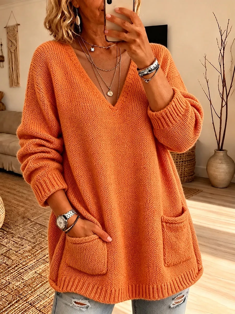 Chic V-Neck Pocket Knit Sweater