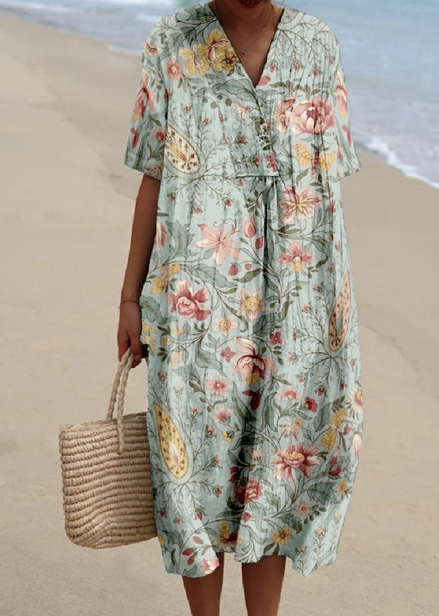 Cotton-Blend V Neck Vintage Loose Dress