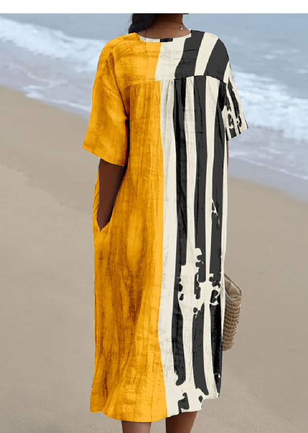 Boho Multicolor Block Loose V Neck Dress