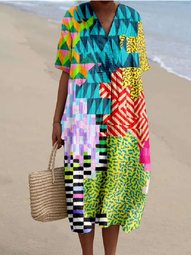 Multicolor Block Boho Cotton-Blend Loose Dress