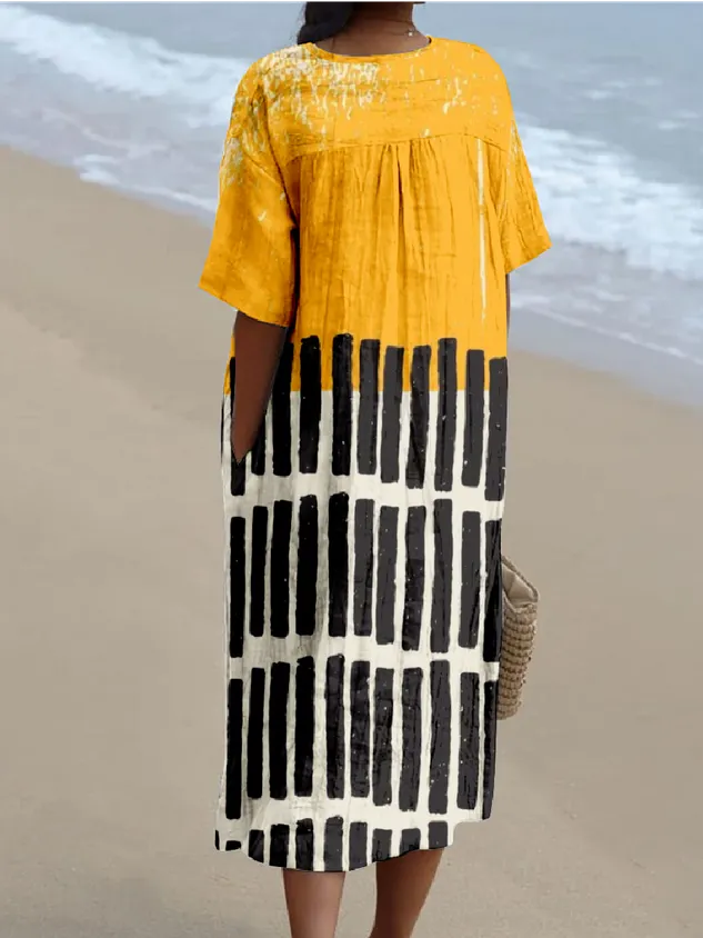 Boho Multicolor Block Loose V Neck Dress